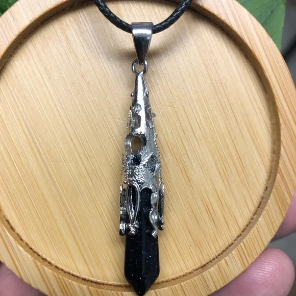 Blue Sandstone Natural Stone Hexagonal Prism Pyramid Pendant Gemstone Necklace - Picture 2 of 3